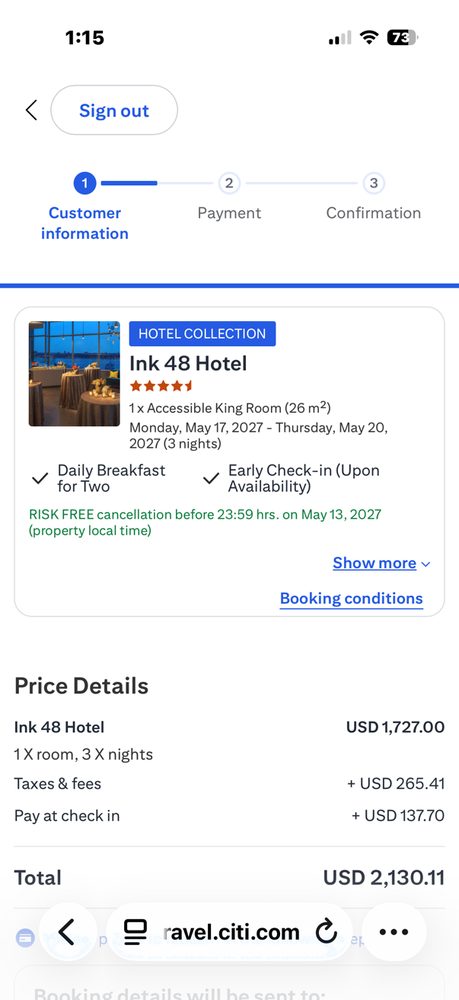 Checkout step one, showing the Hotel Collection badge carried through to the booking summary