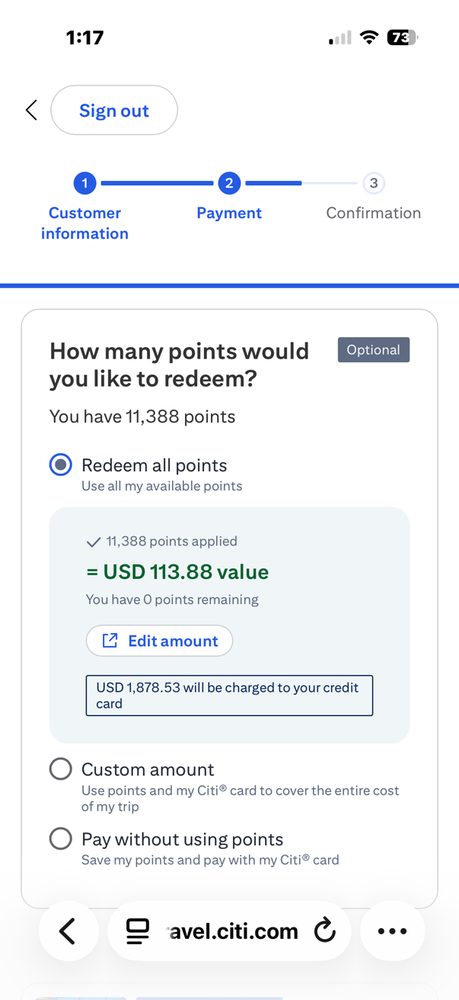 ThankYou Points redemption at the payment step