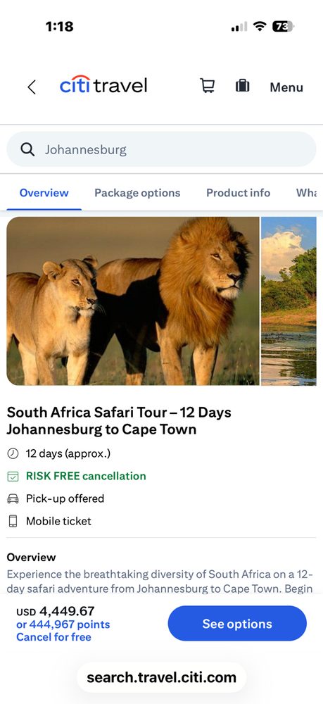 Attractions and tours package detail, a South Africa safari tour