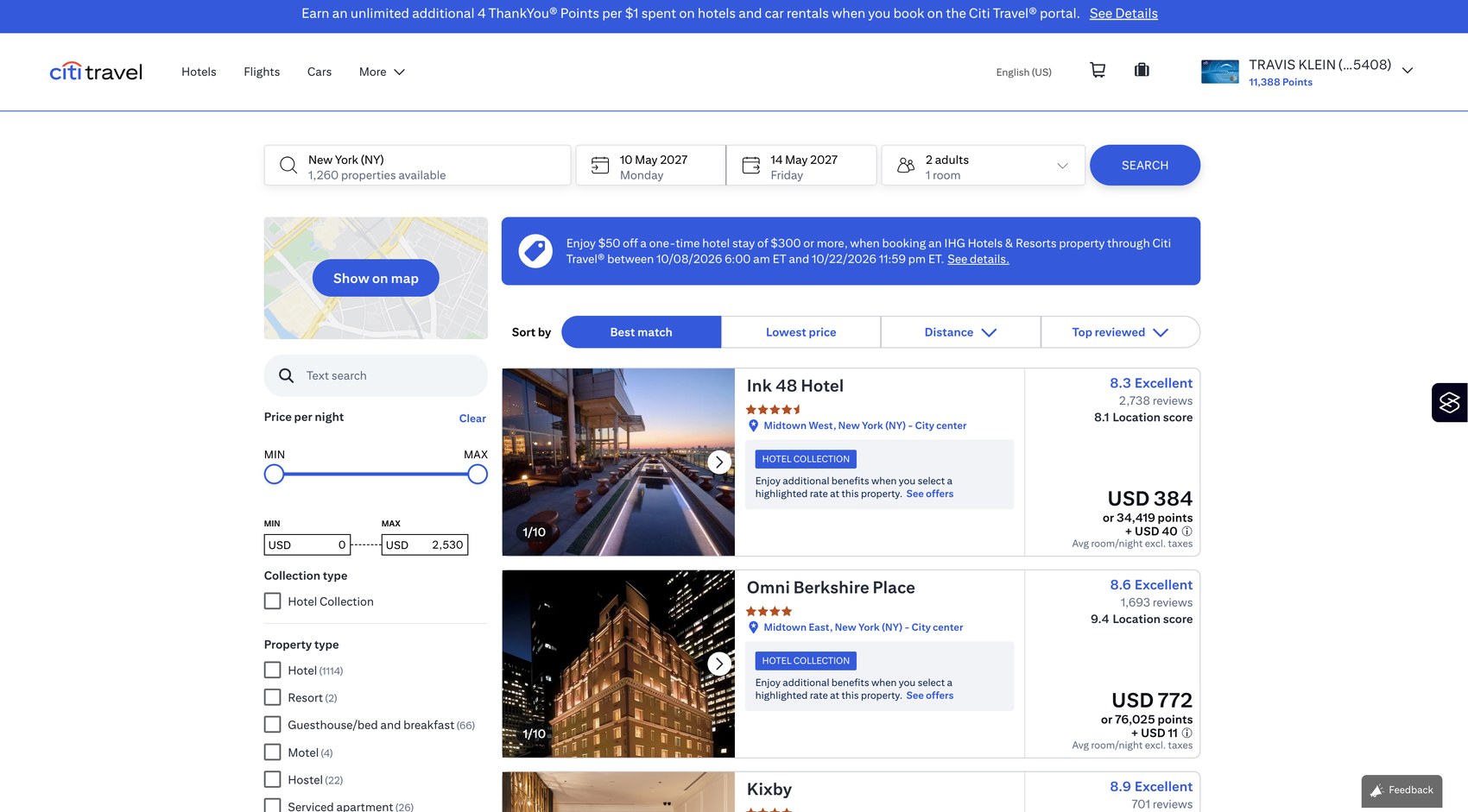 Citi Travel hotel search results, desktop, showing the repositioned limited-time-offer banner above the fold