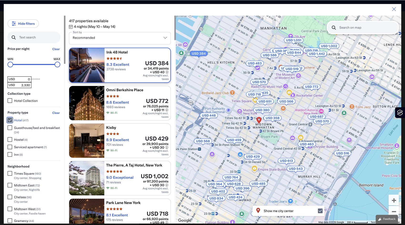 Map-based hotel search with live pricing pins across Manhattan