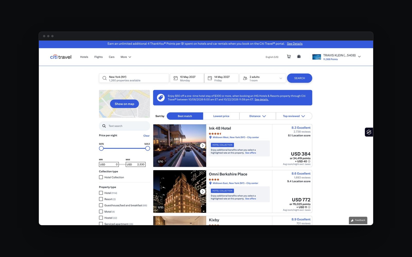 Citi Travel hotel search results, redesigned, mocked up in a browser window