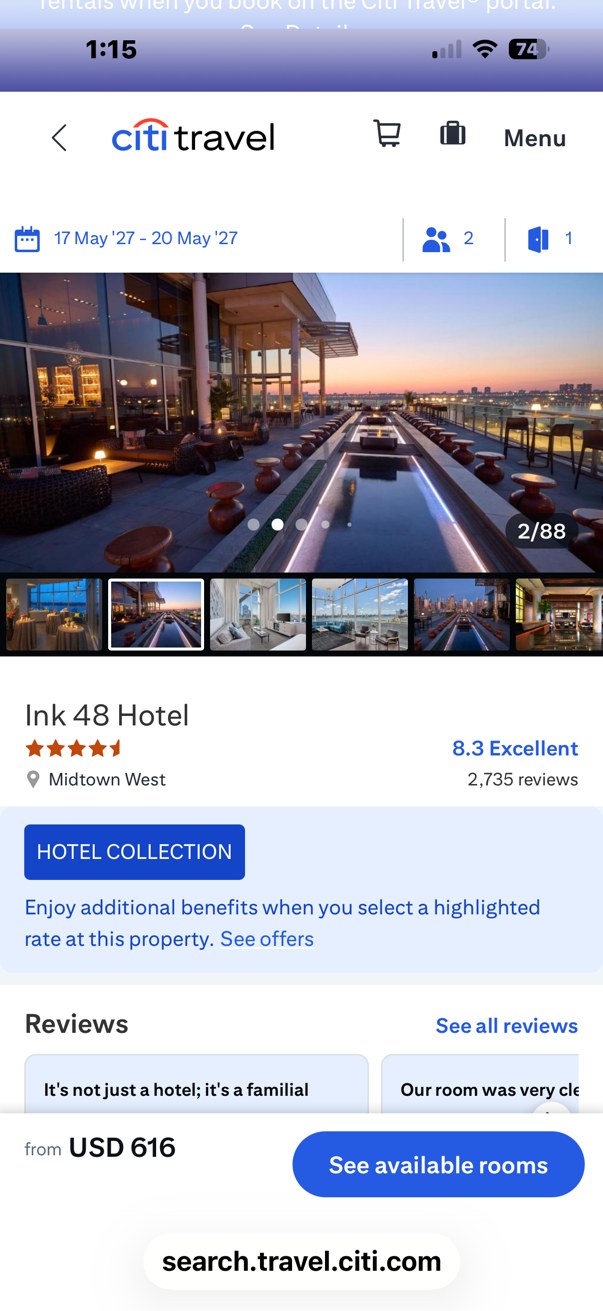 Citi Travel hotel detail page on mobile, showing the Ink 48 Hotel listing and the Hotel Collection badge