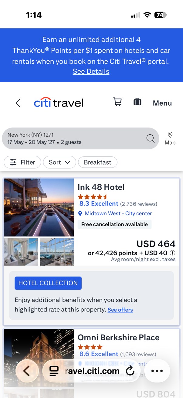 Citi Travel mobile hotel search results for New York