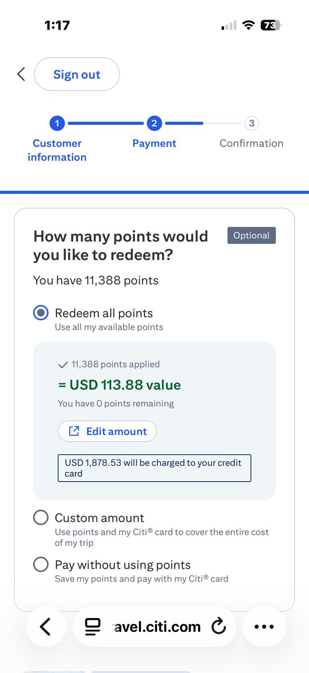 ThankYou Points redemption screen during checkout on mobile