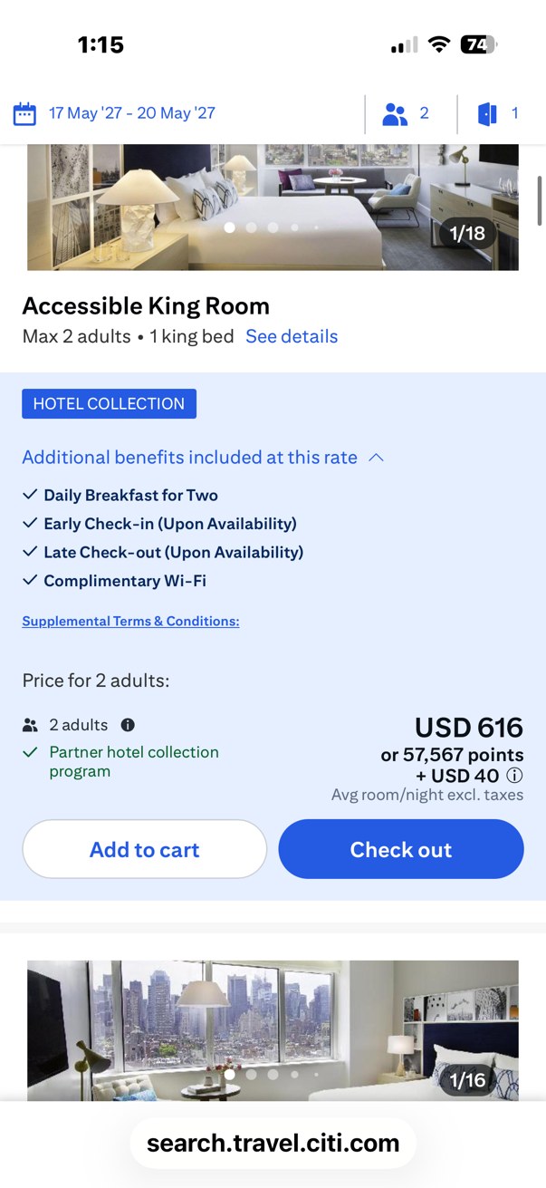 Rate detail and room selection screen on mobile