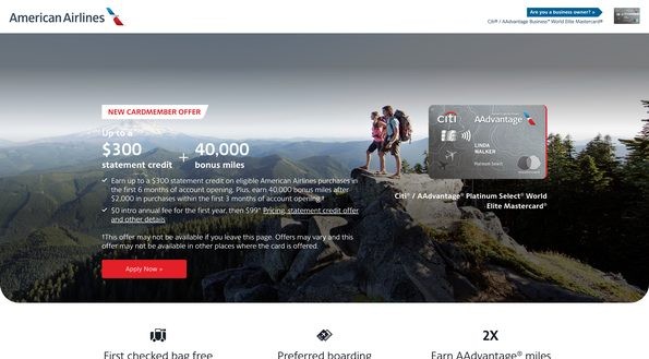 The AAdvantage card landing page on AA.com — hero offer above the fold