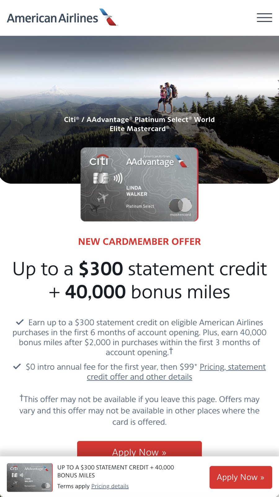 Mobile card offer placement within the AA.com booking flow
