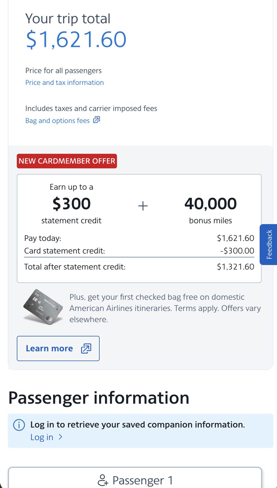 Mobile passenger-details step with the card offer placement