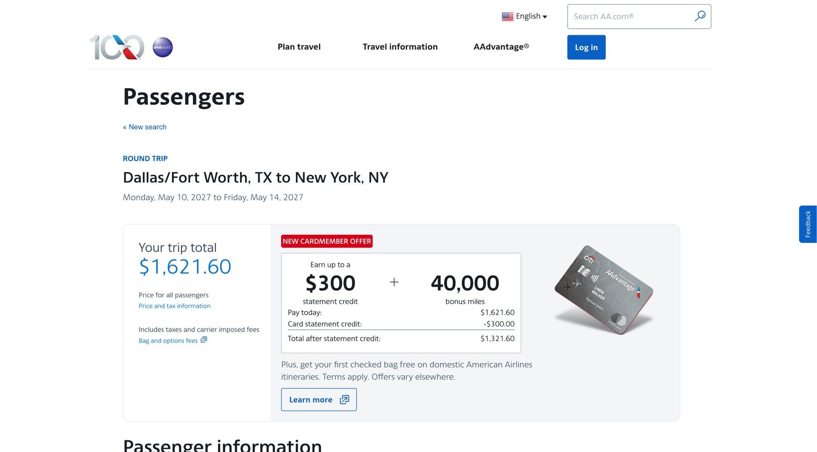 Offer placement on the passenger details step of AA.com — trip total and the full card offer