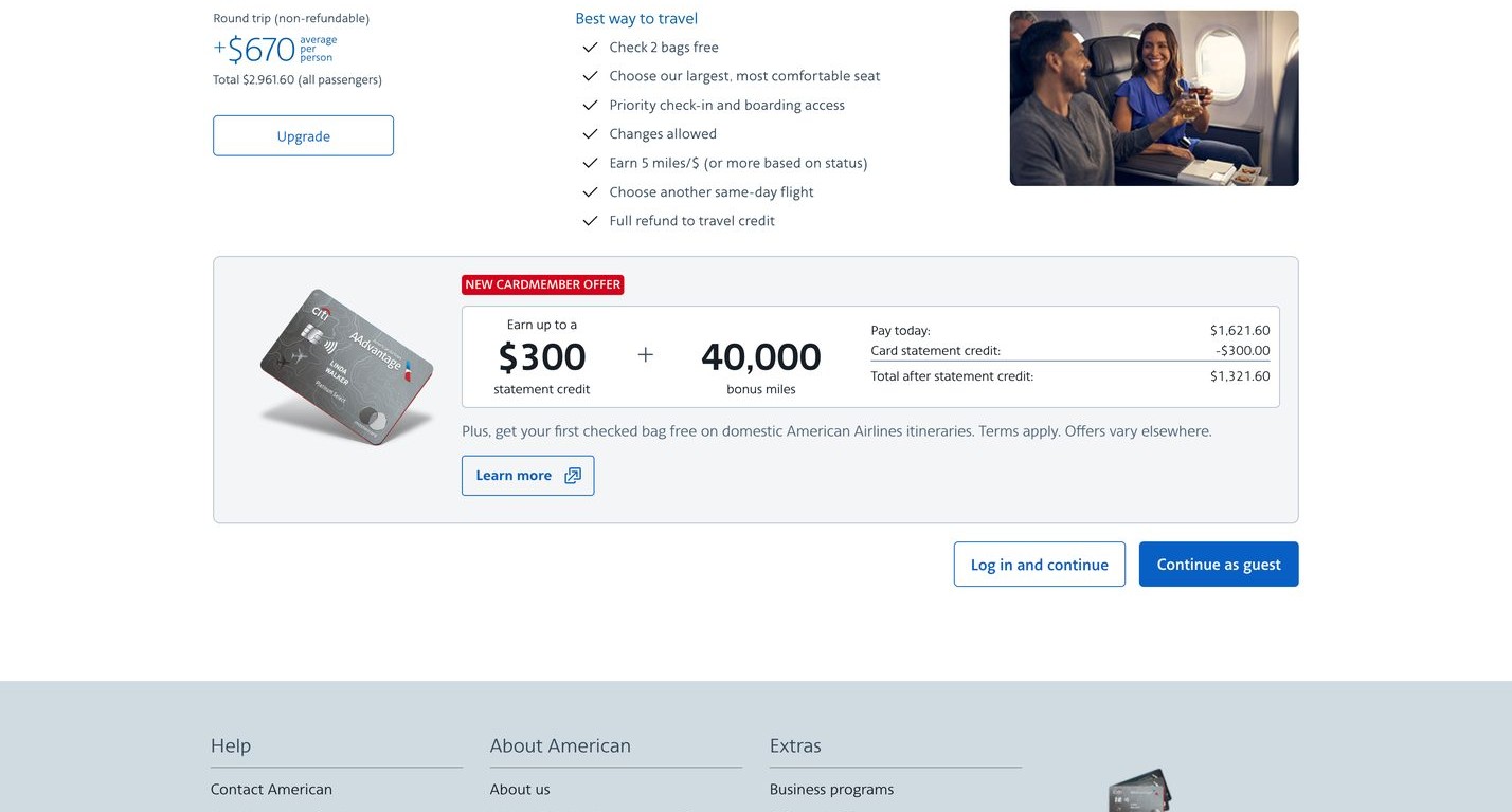 The AAdvantage card offer — statement credit, bonus miles, and pricing — placed natively inside the AA.com trip summary page
