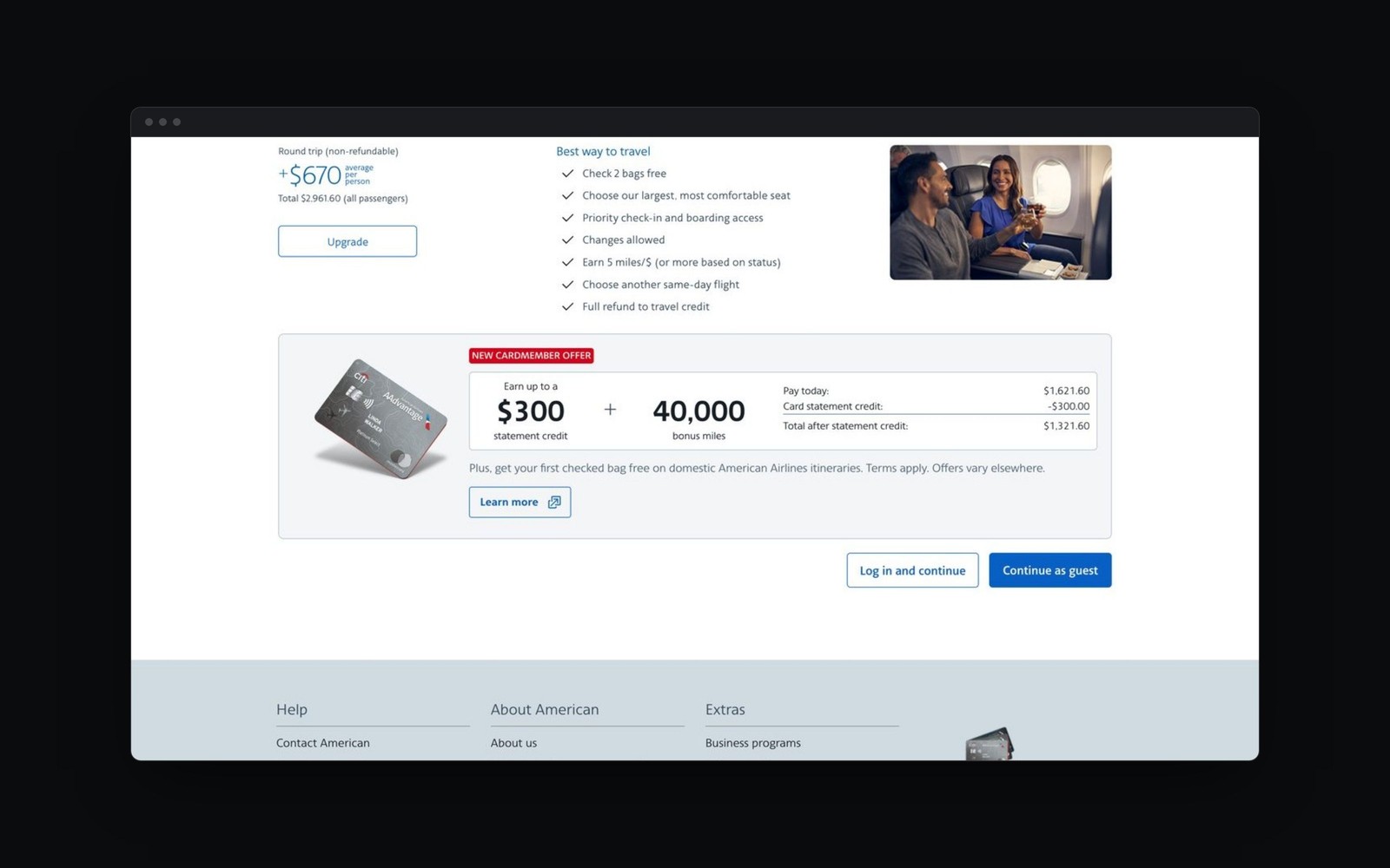 AAdvantage card offer placed natively inside the AA.com trip summary page, mocked up in a browser window