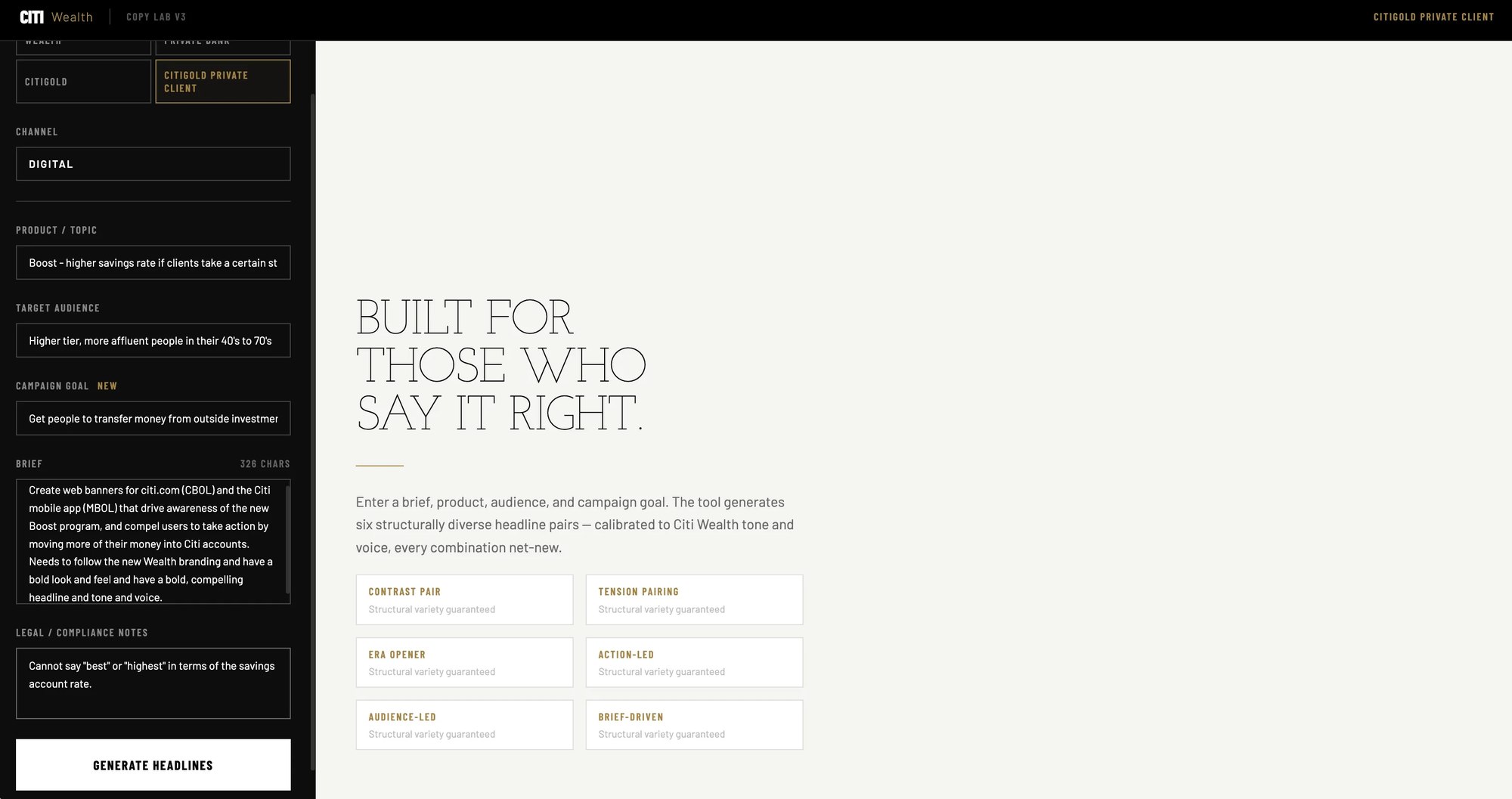 Copy Lab — AI headline-generation tool tuned to Citi Wealth's brand voice, with brief, audience, and compliance-note inputs