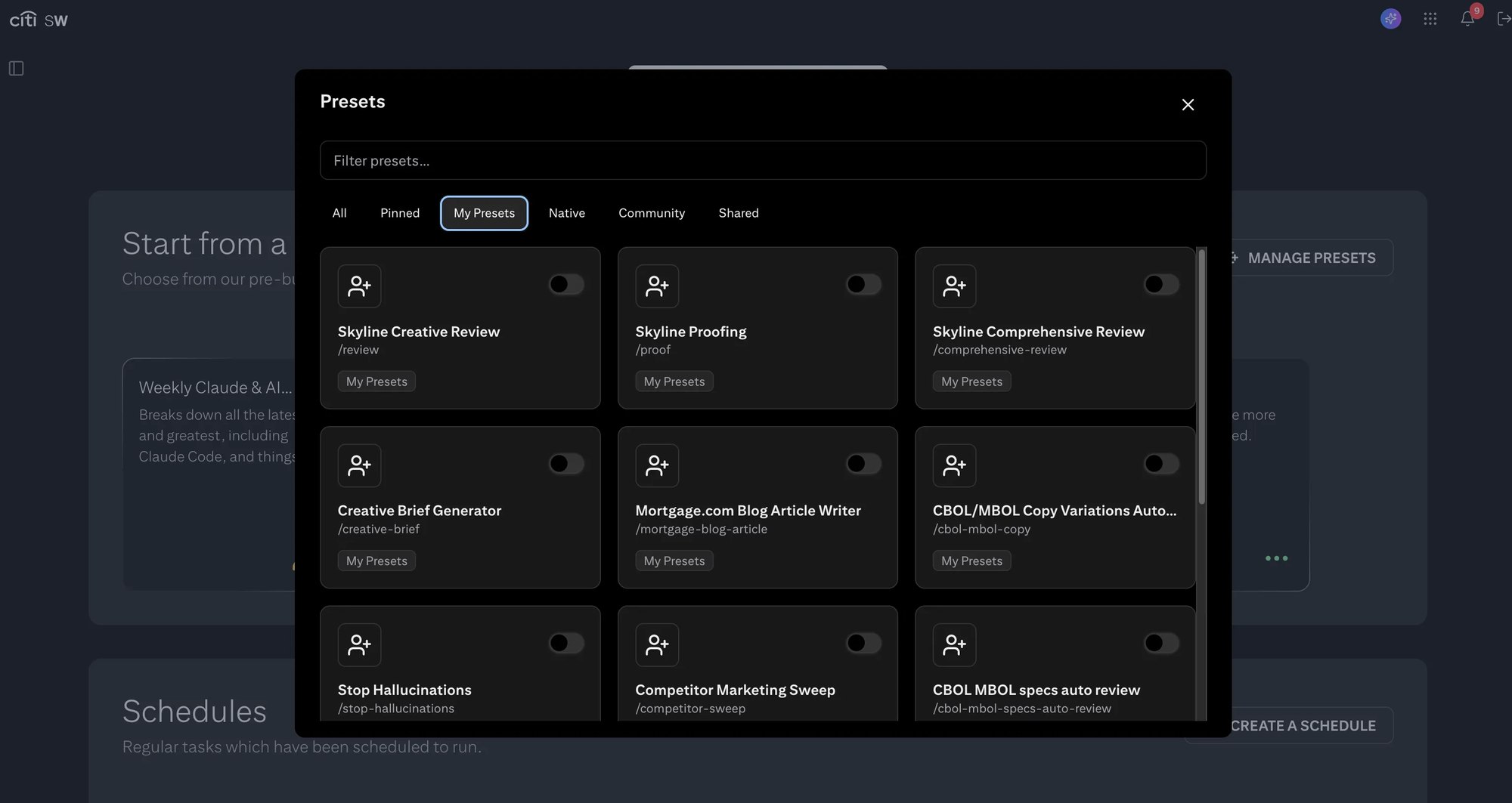 A shared internal AI workspace with a presets library — reusable prompts for creative briefs, copy variations, and hallucination checks