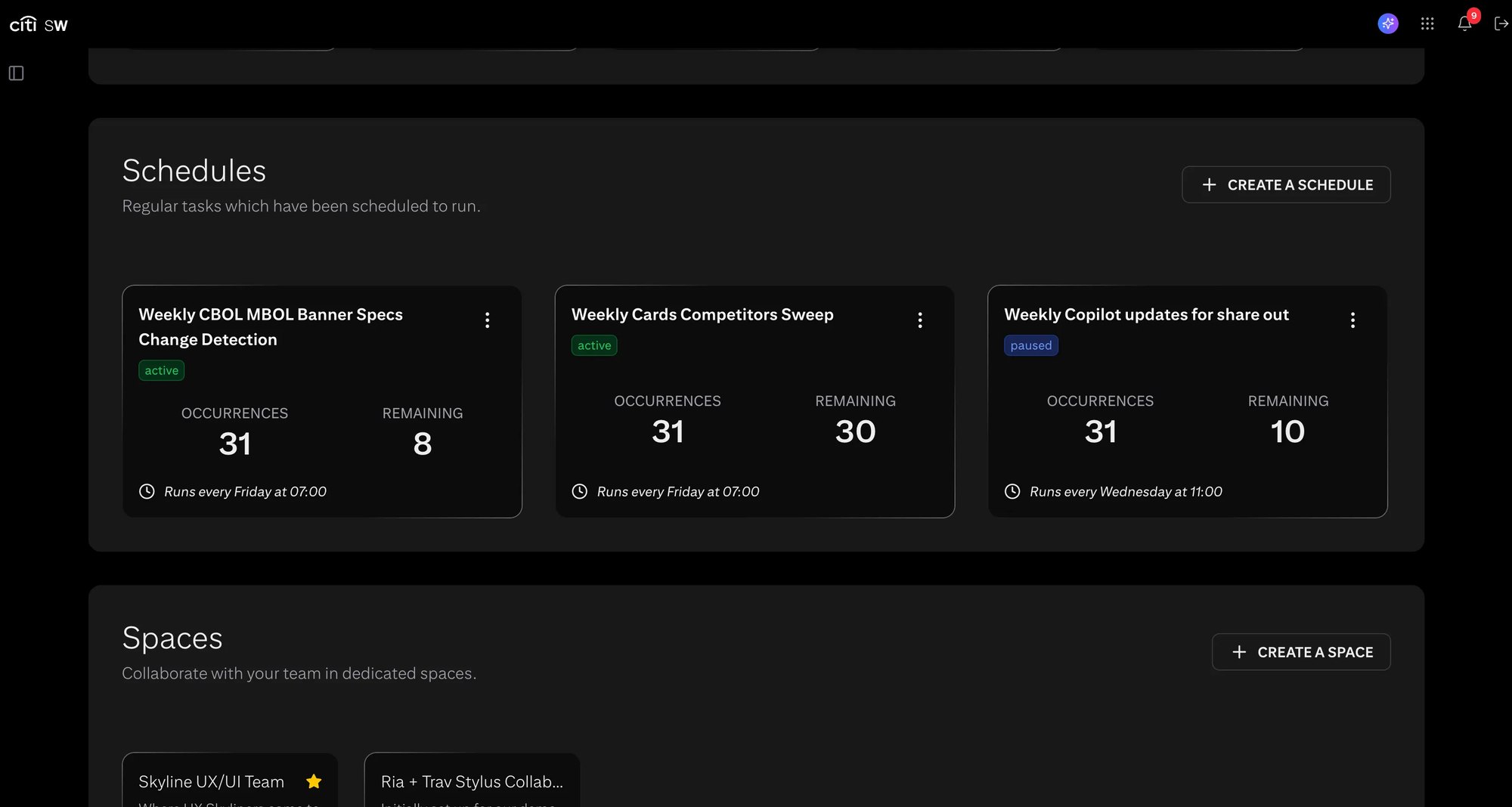 Internal automation workspace — scheduled AI jobs for spec-change detection, competitor sweeps, and tool update share-outs