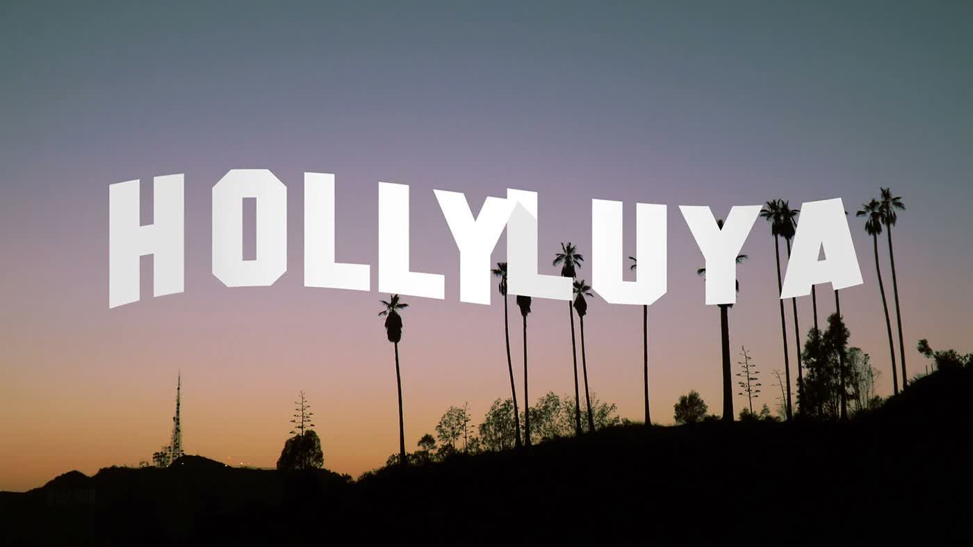 Hollyluya logo over a Hollywood-sign-inspired dusk skyline with palm trees