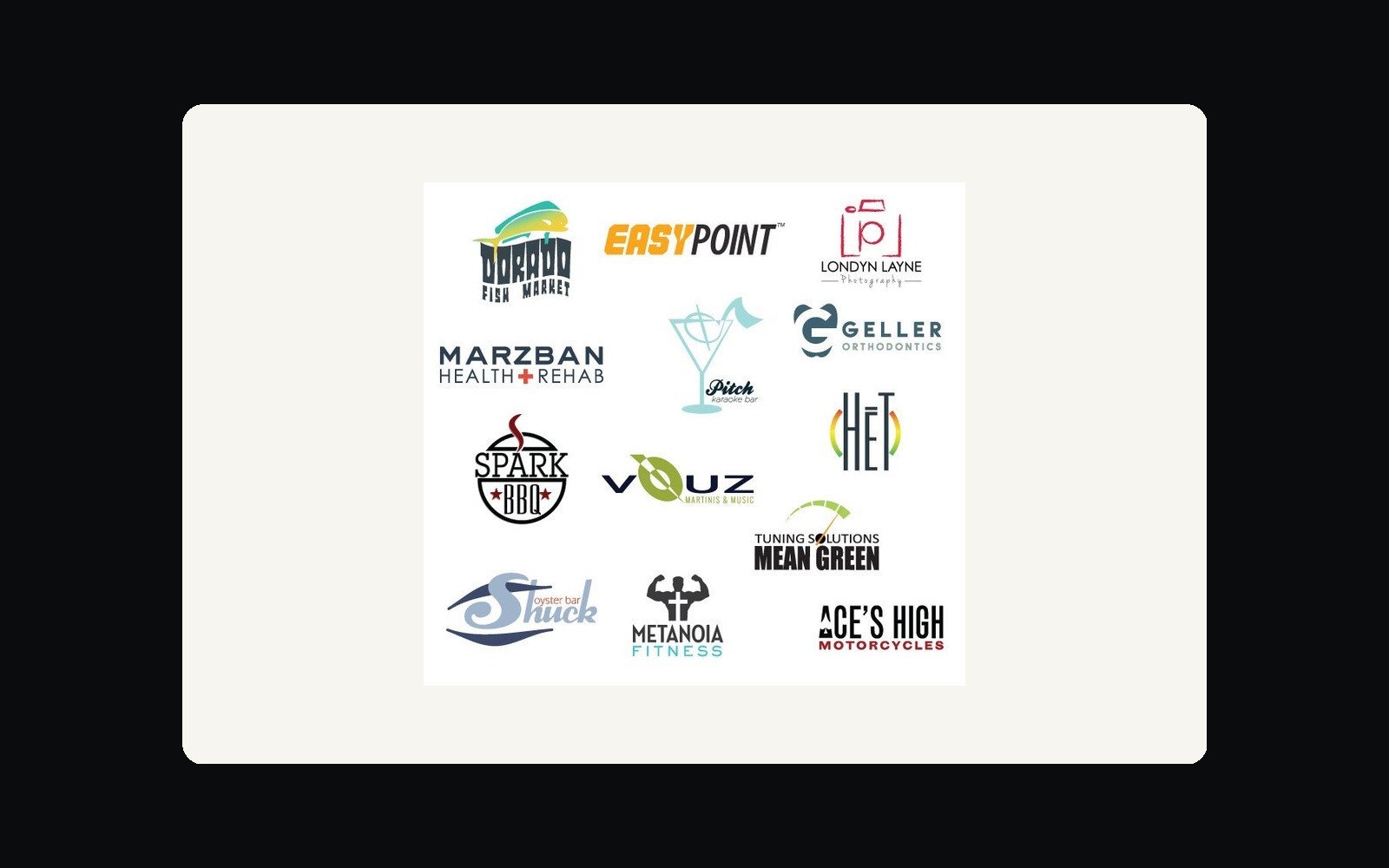 A sheet of favorite freelance logo marks across 12 small businesses