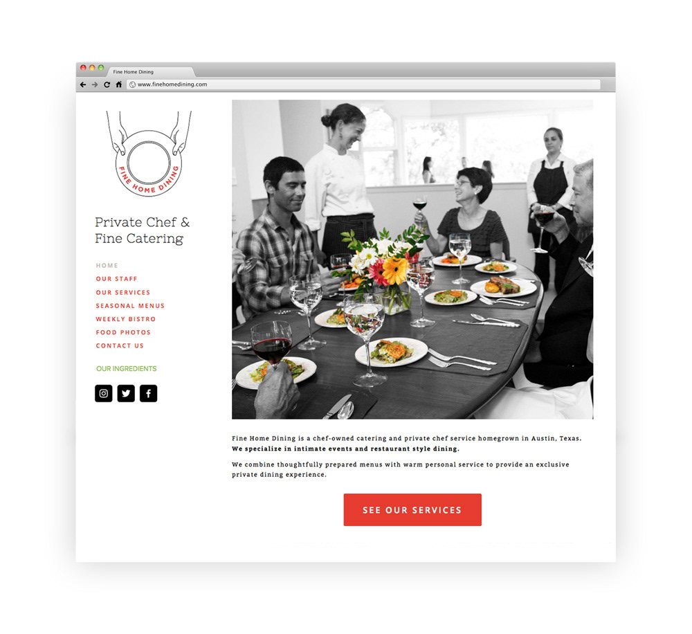 Fine Home Dining homepage — full-bleed black-and-white dinner-party photography over the sourcing story and a call to see services