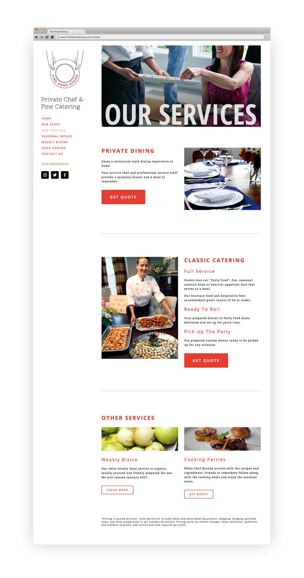 Our Services page — Private Dining, Classic Catering, Weekly Bistro and Cooking Parties, each with its own photo and quote CTA