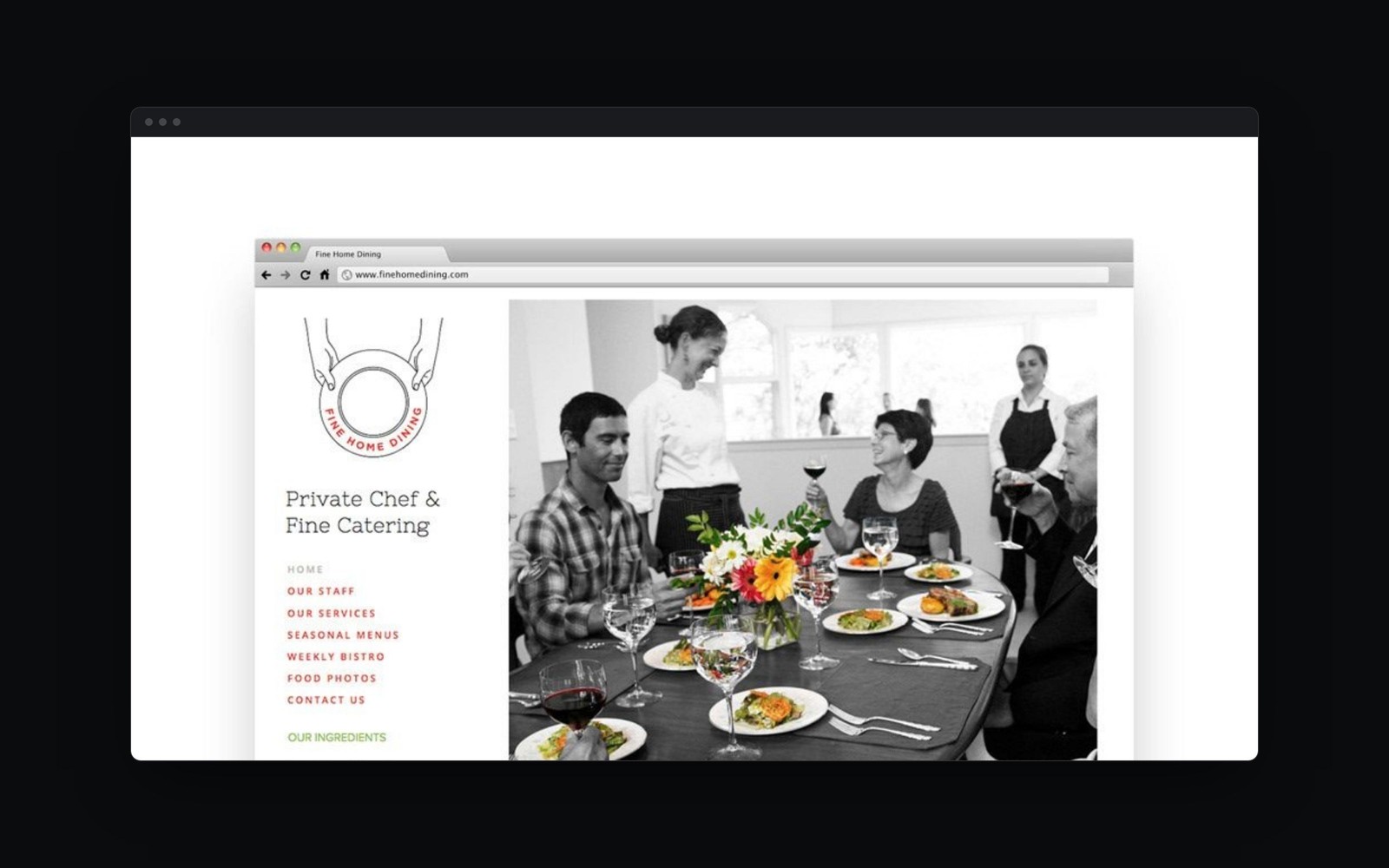 Fine Home Dining catering website homepage, mocked up in a browser window