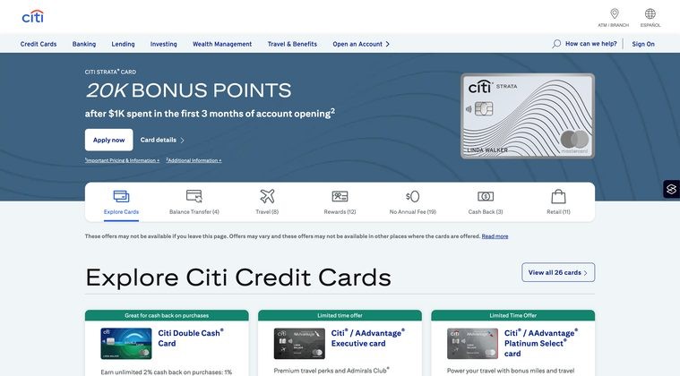 Citi credit cards product page — hero offer and card-category navigation above the fold