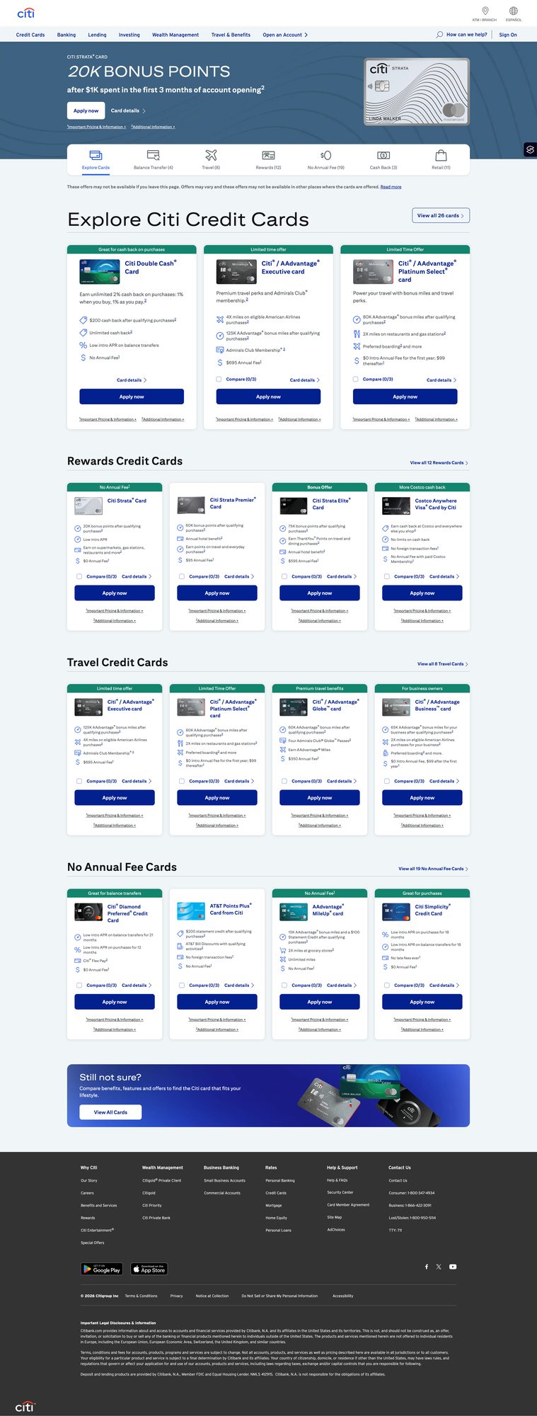 Explore Citi Credit Cards acquisition page, full page