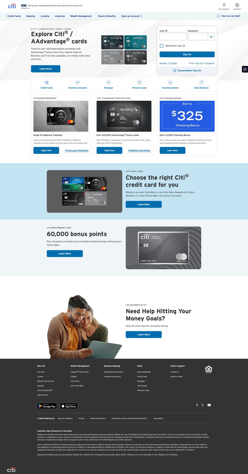 Citi.com homepage with card marketing modules, full page
