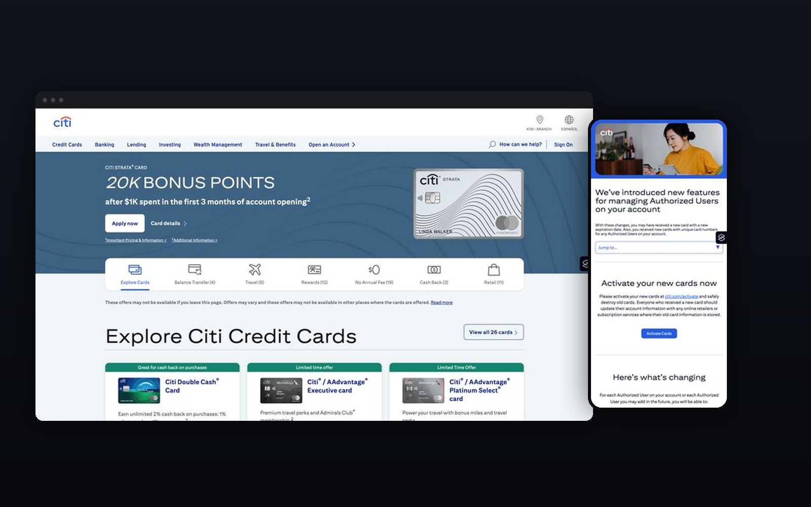 Citi cards acquisition pages, mocked up in browser and phone