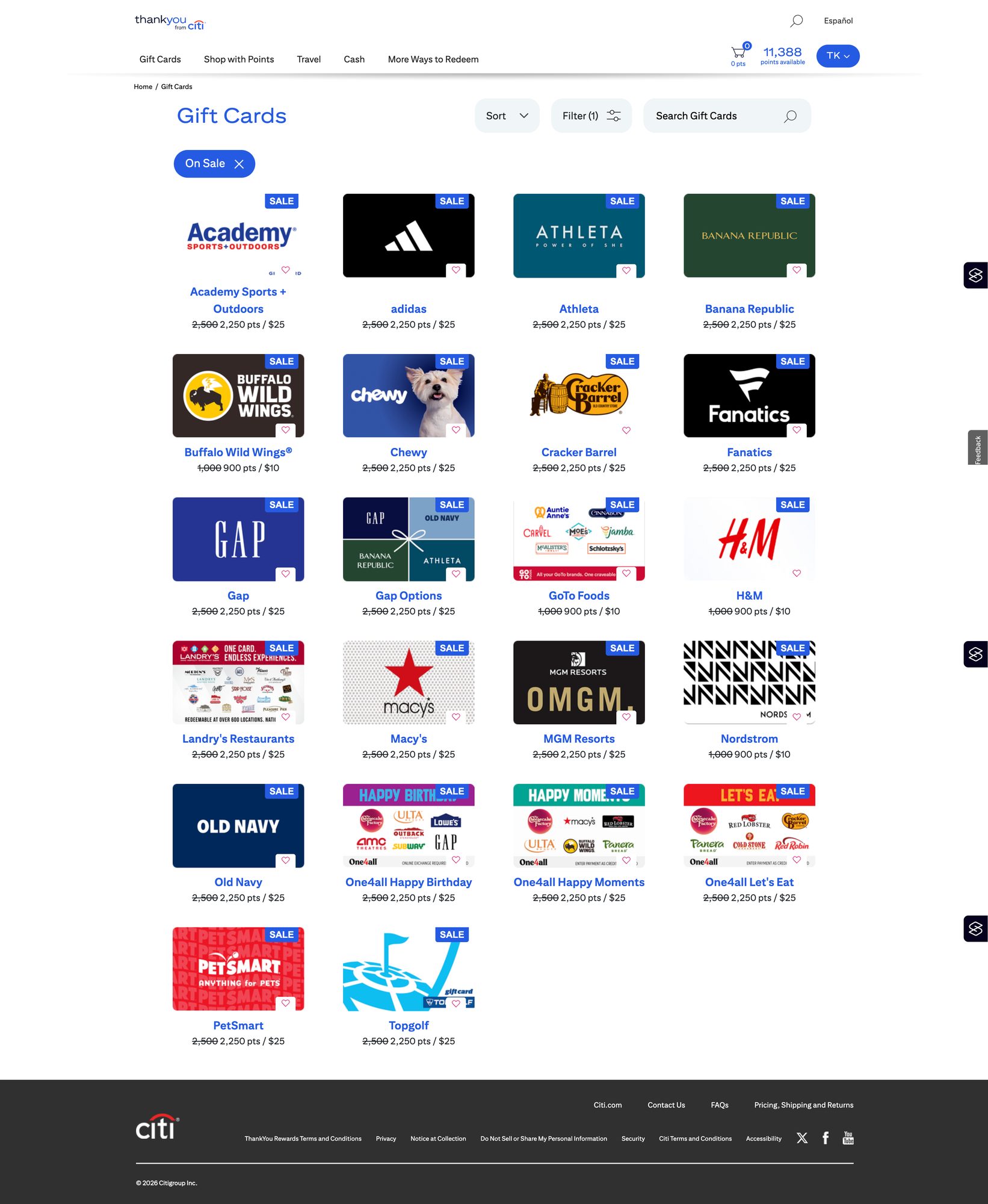ThankYou Rewards gift-card redemption, full page
