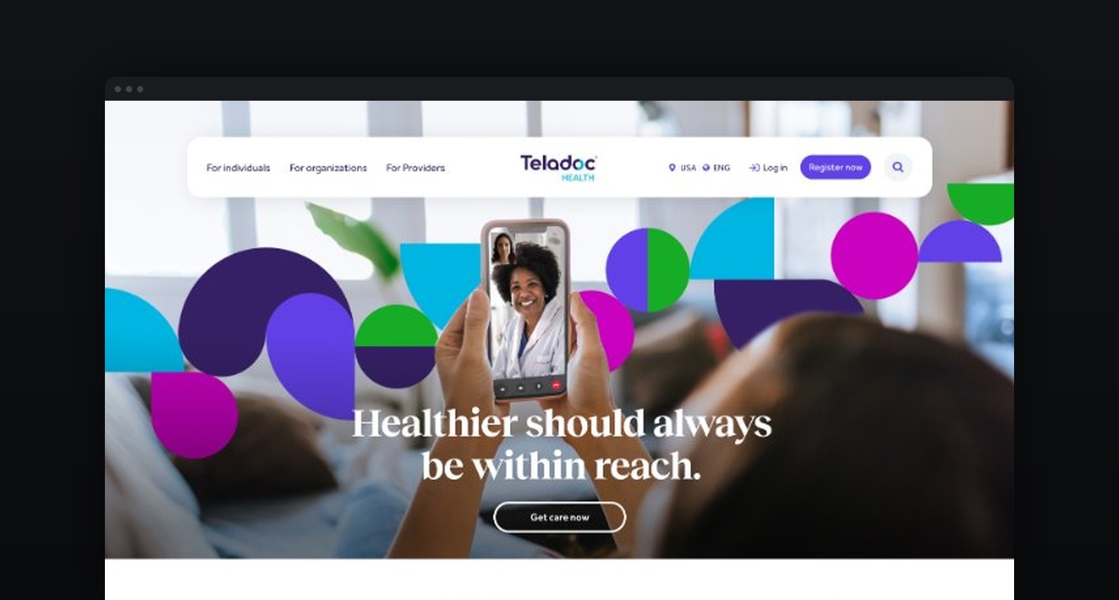 The new teladochealth.com homepage, mocked up in a browser window