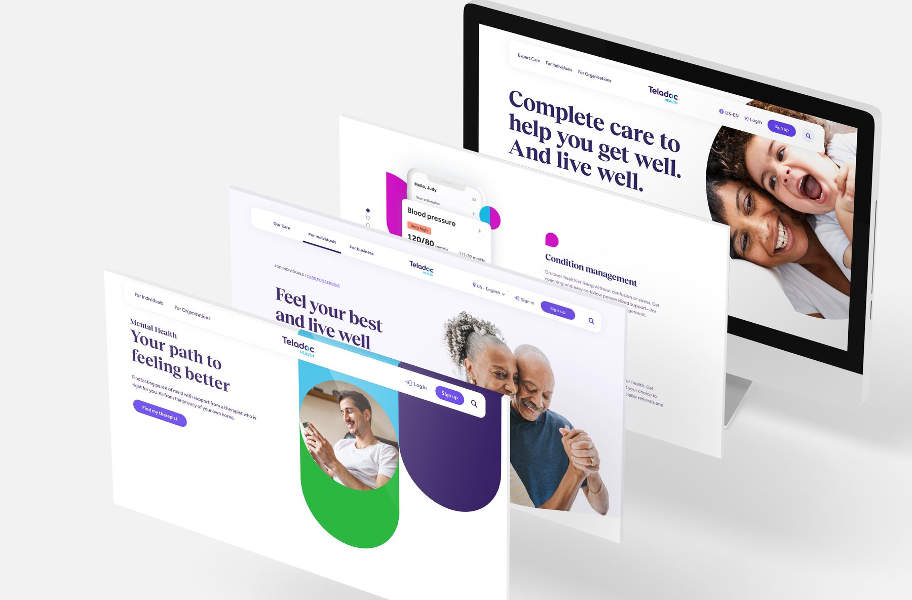 Devices showing the new brand applied across pages — individuals, seniors, and mental health