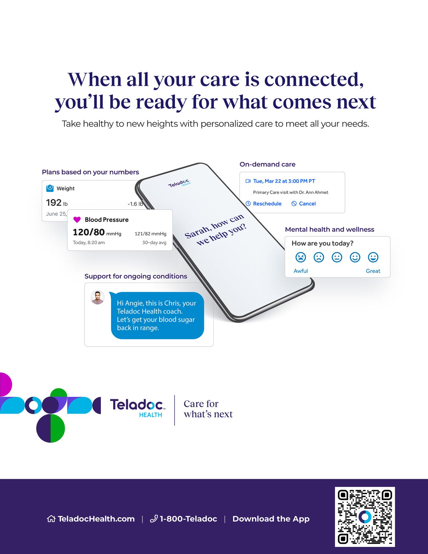 Senior-care page with the phone and UI pieces popping out of the layout