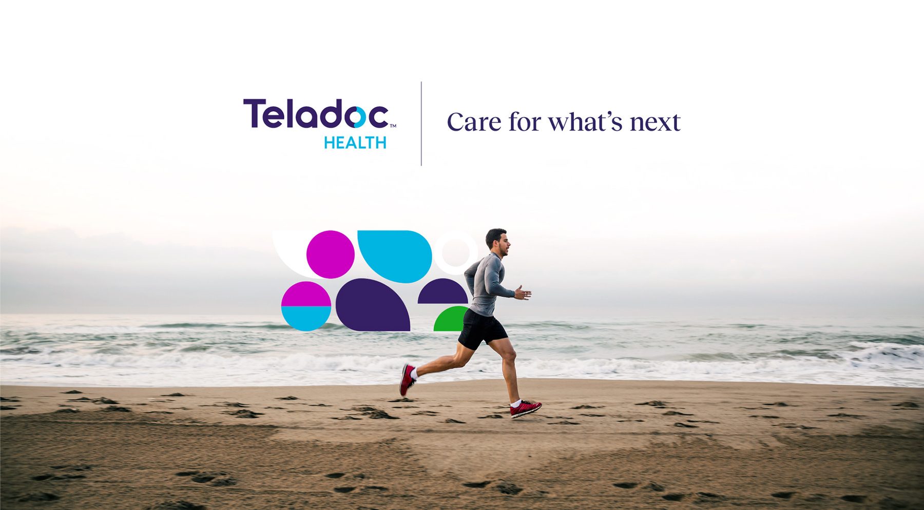 The Teladoc Health logo lockup and “Care for what's next” tagline over a lifestyle photo