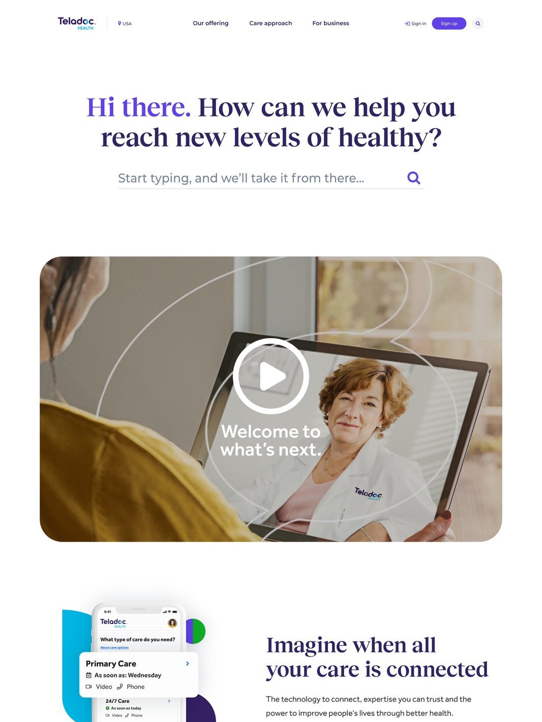 Search-led homepage concept with a “welcome to what's next” video