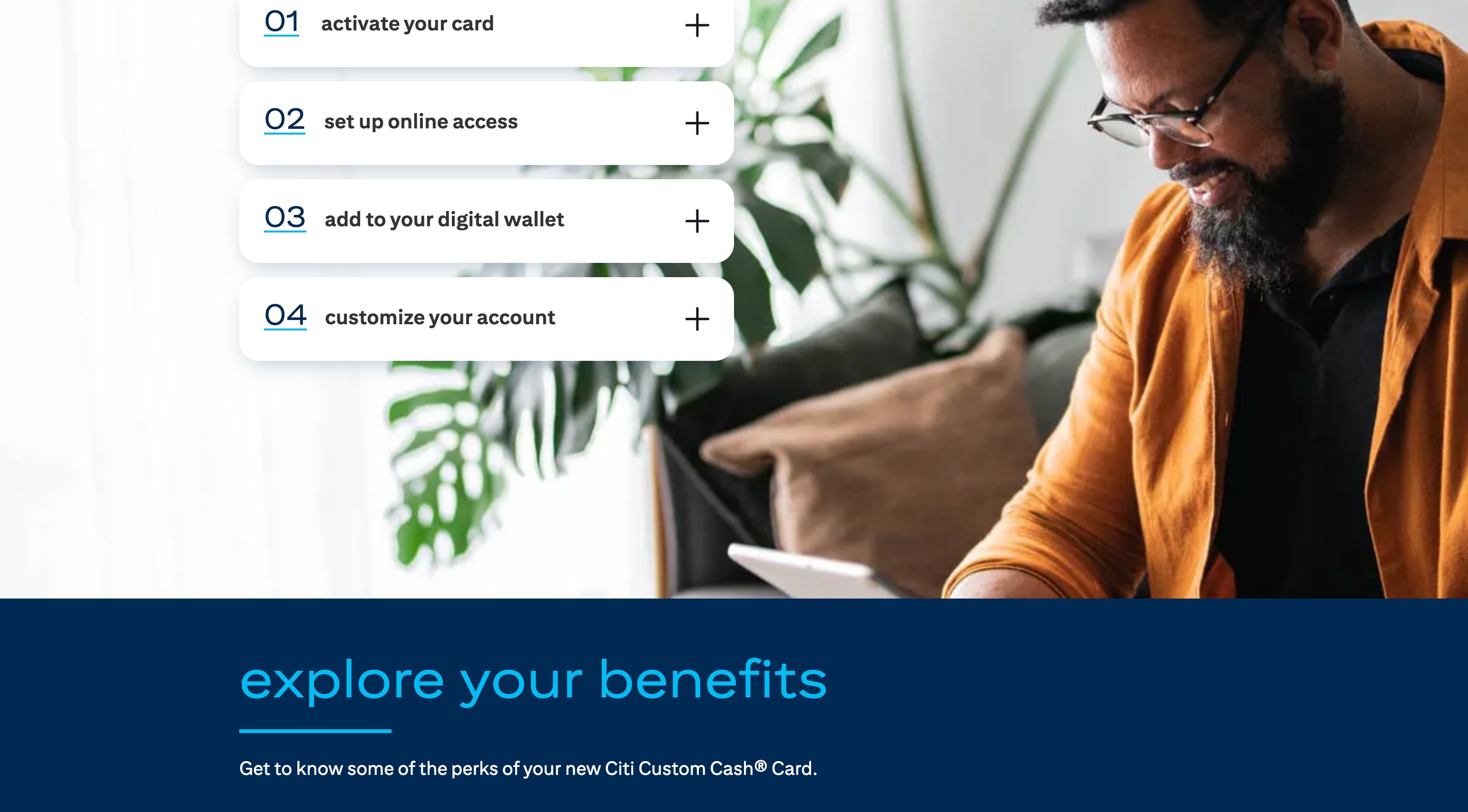 Custom Cash account-setup accordion and benefits intro