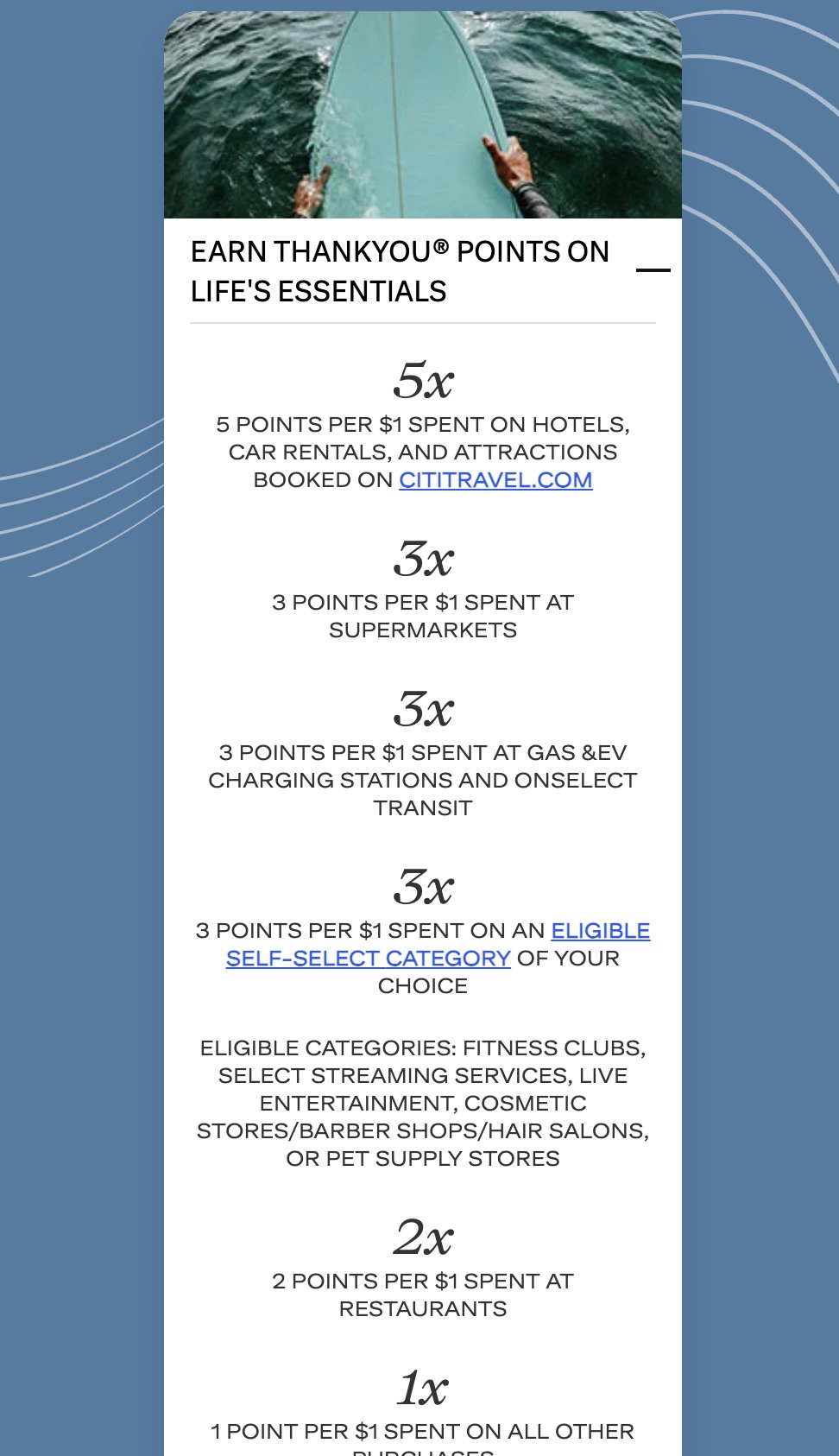 Earn ThankYou Points tiers over a surfboard lifestyle photo