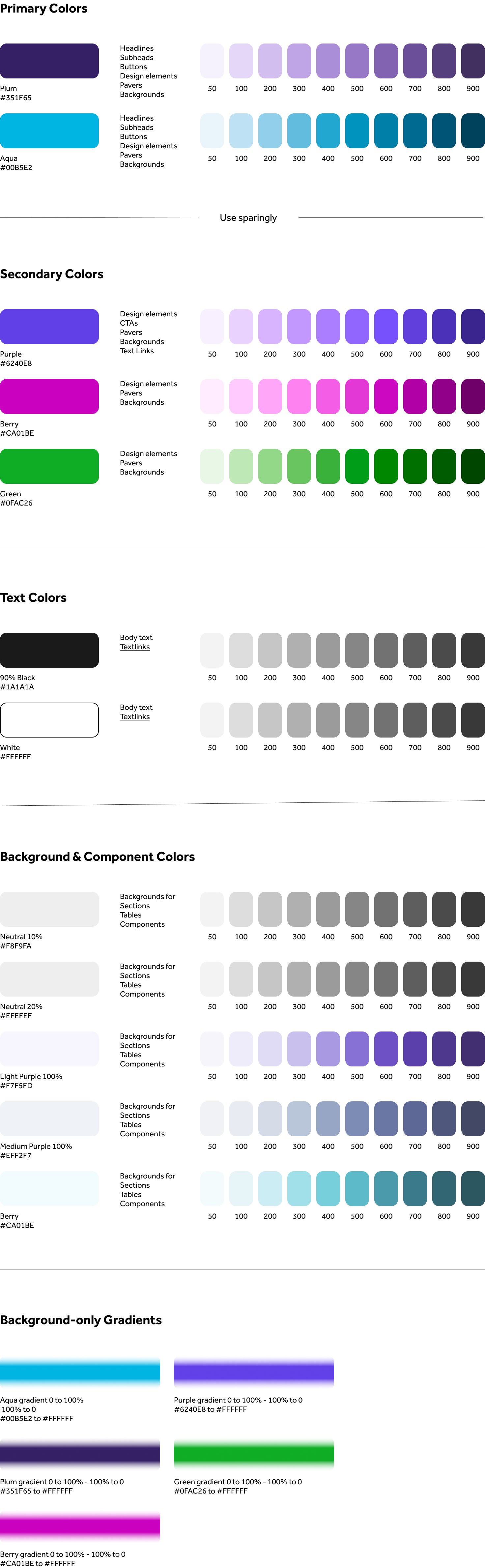 Full design system color palette — primary, secondary, text, background and gradient tokens