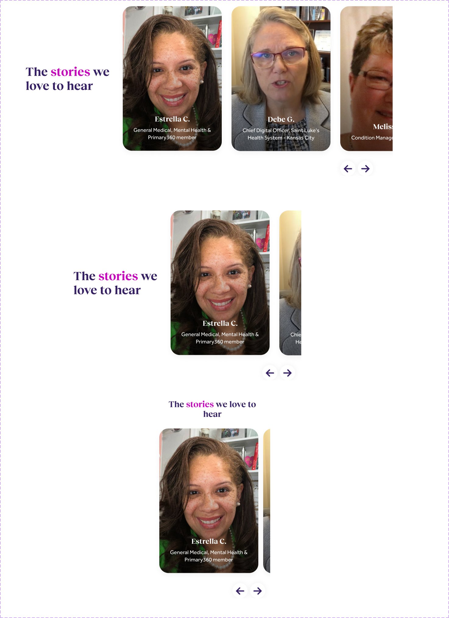 Component library, page two — testimonial cards and carousels