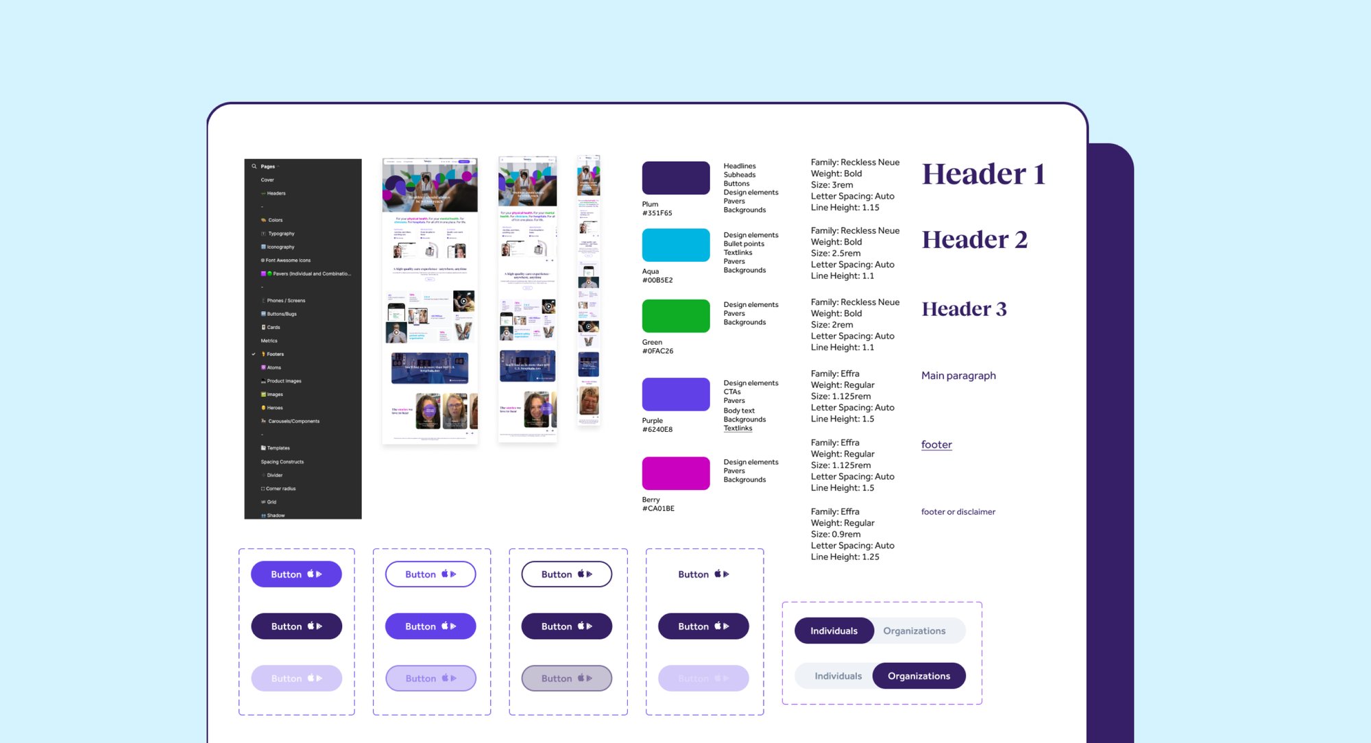 Design system cover and overview spread, showing the live site at desktop, tablet and mobile sizes