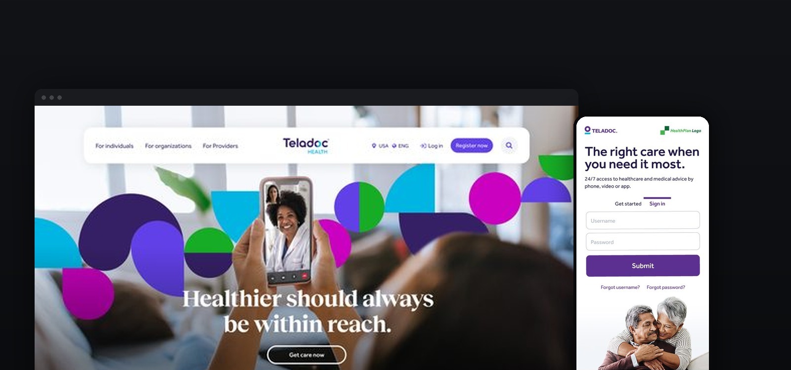 The consolidated teladochealth.com, mocked up in browser and phone
