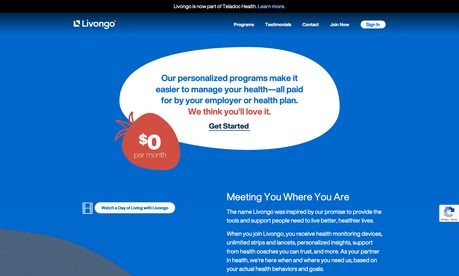 Livongo.com — before: the legacy site inherited via acquisition, above the fold