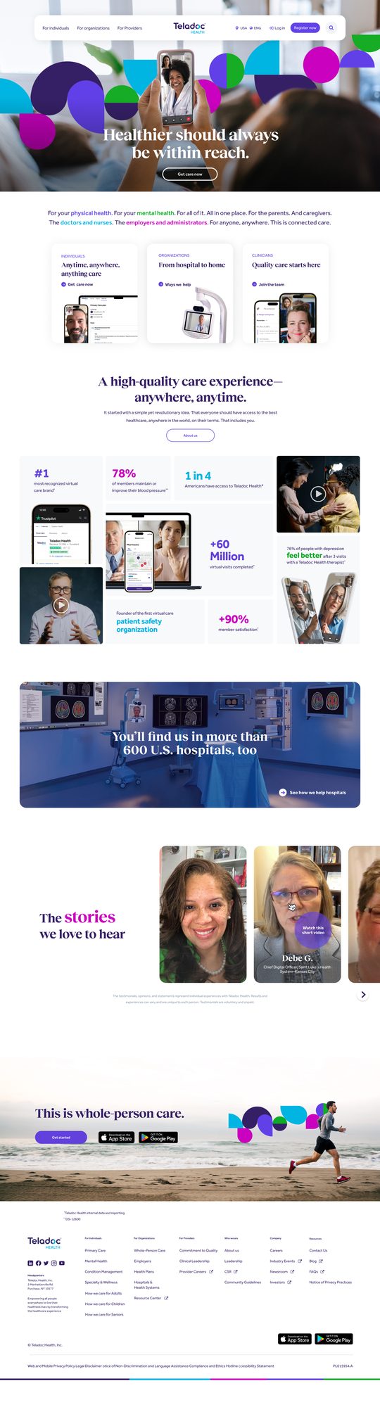 The new teladochealth.com homepage, bringing the consolidated brand and design system to the flagship consumer site